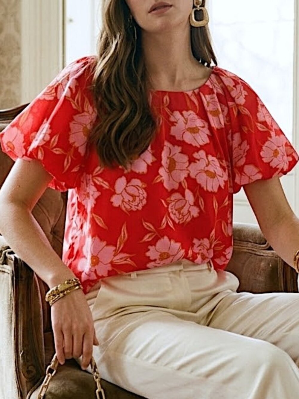 Umgee Floral Bubble Puff Sleeve Vibrant Colorful Women's Blouse Size Large